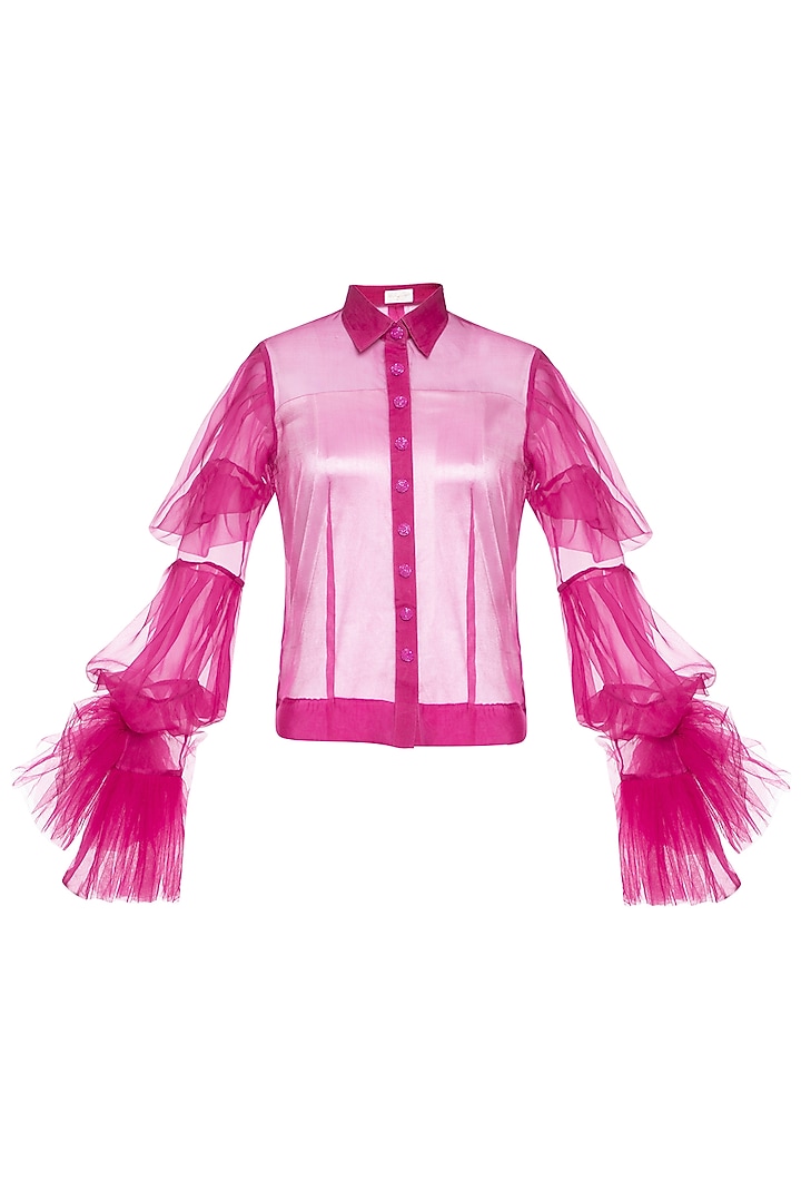 Fuschia ruffled sleeves shirt by Shilpi Gupta Surkhab at Pernia's Pop Up Shop