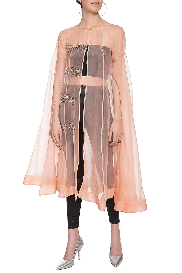 Peach musical note trench coat by Shilpi Gupta Surkhab at Pernia's Pop Up Shop