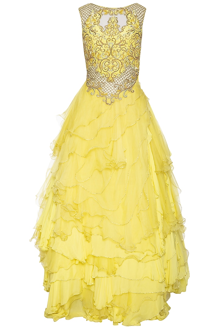 Yellow embellished ruffled gown by Shilpi Gupta Surkhab