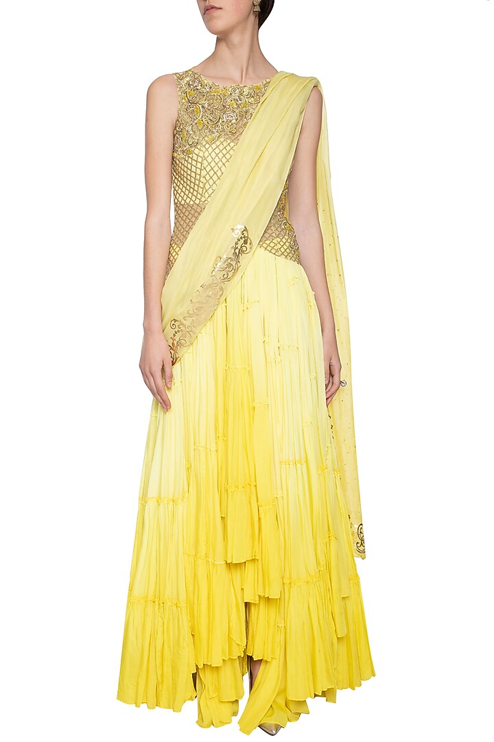 Yellow ombre drape Wedding Anarkali set by Shilpi Gupta Surkhab at Pernia's Pop Up Shop