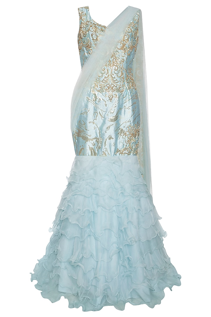 Blue evening gown with jacket by Shilpi Gupta Surkhab at Pernia's Pop Up Shop