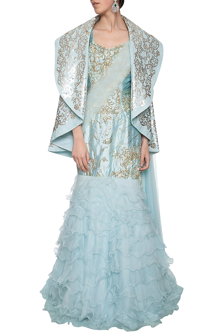 Blue evening gown with jacket by Shilpi Gupta Surkhab at Pernia's Pop Up Shop