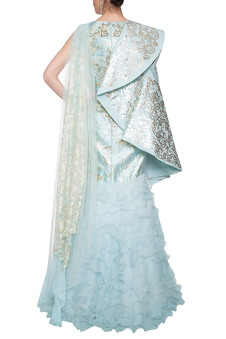 Blue evening gown with jacket by Shilpi Gupta Surkhab at Pernia's Pop Up Shop