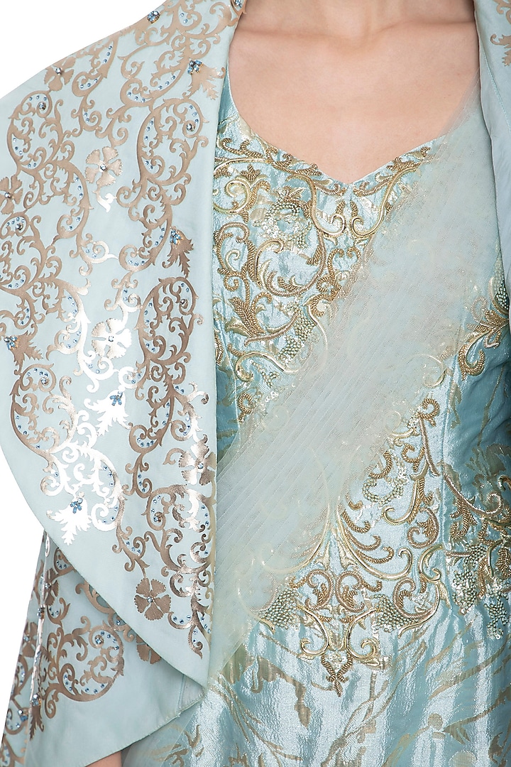 Blue evening gown with jacket by Shilpi Gupta Surkhab at Pernia's Pop Up Shop