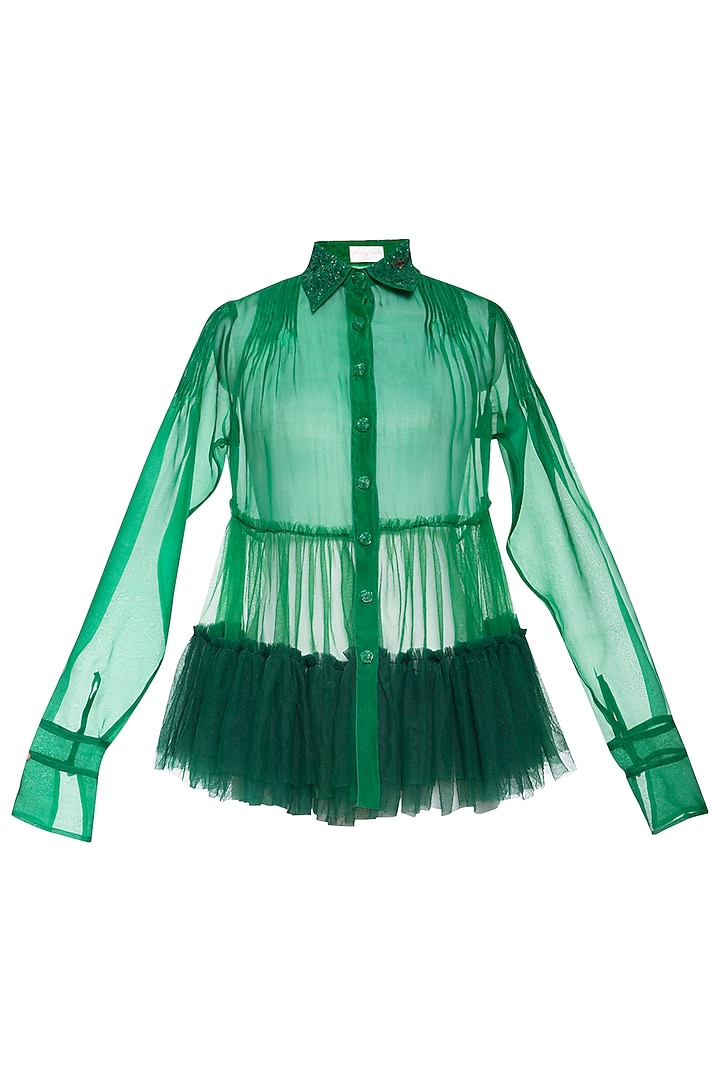 Green gathered shirt by Shilpi Gupta Surkhab at Pernia's Pop Up Shop