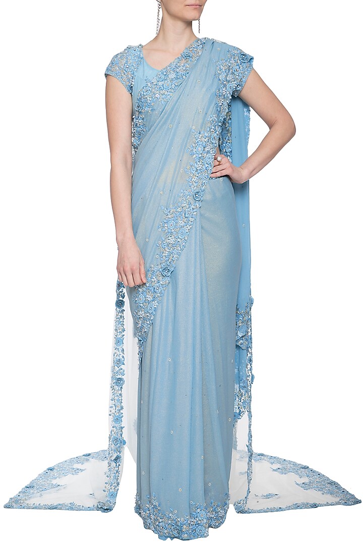 Powder blue embroidered Reception Saree set with cape by Shilpi Gupta Surkhab at Pernia's Pop Up Shop