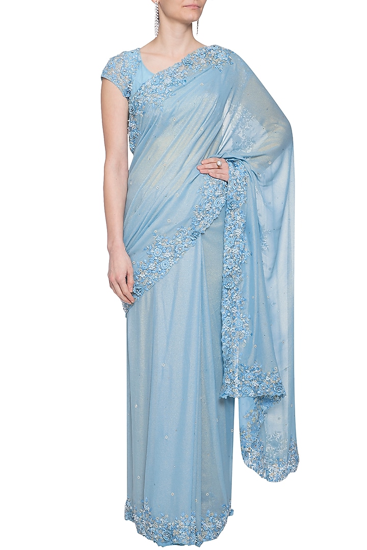 Powder blue embroidered Reception Saree set with cape by Shilpi Gupta Surkhab at Pernia's Pop Up Shop