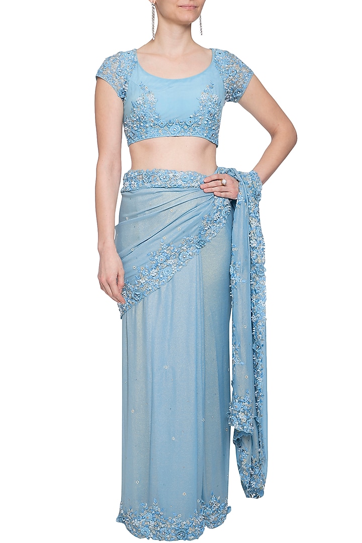 Powder blue embroidered Reception Saree set with cape by Shilpi Gupta Surkhab at Pernia's Pop Up Shop