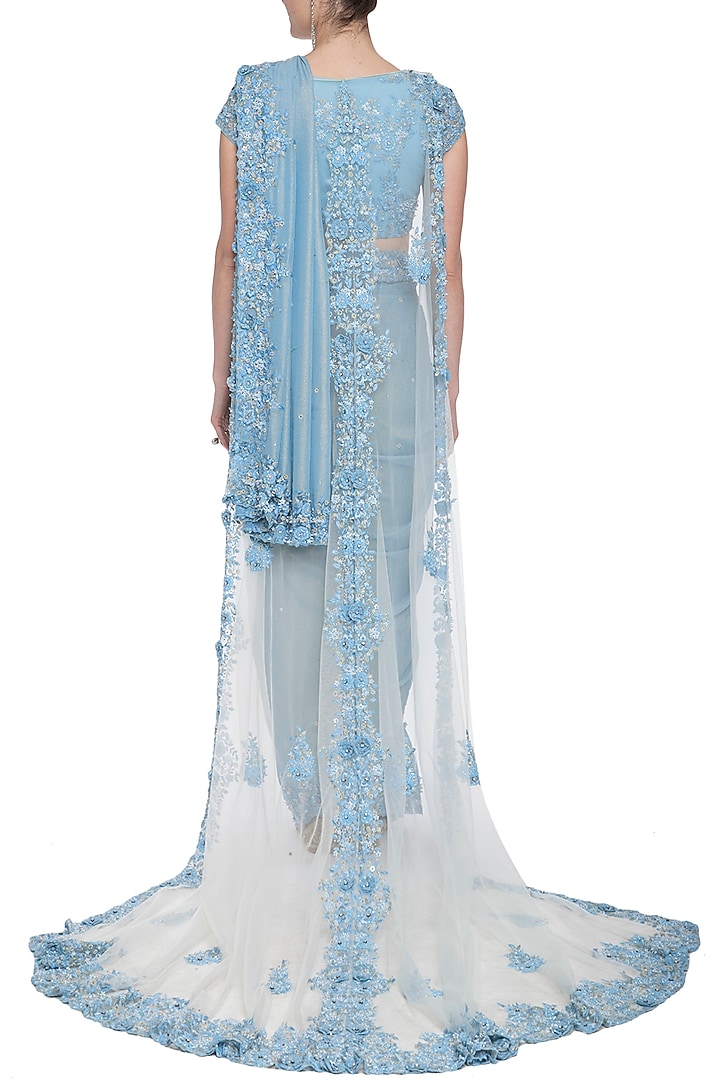 Powder blue embroidered Reception Saree set with cape by Shilpi Gupta Surkhab at Pernia's Pop Up Shop