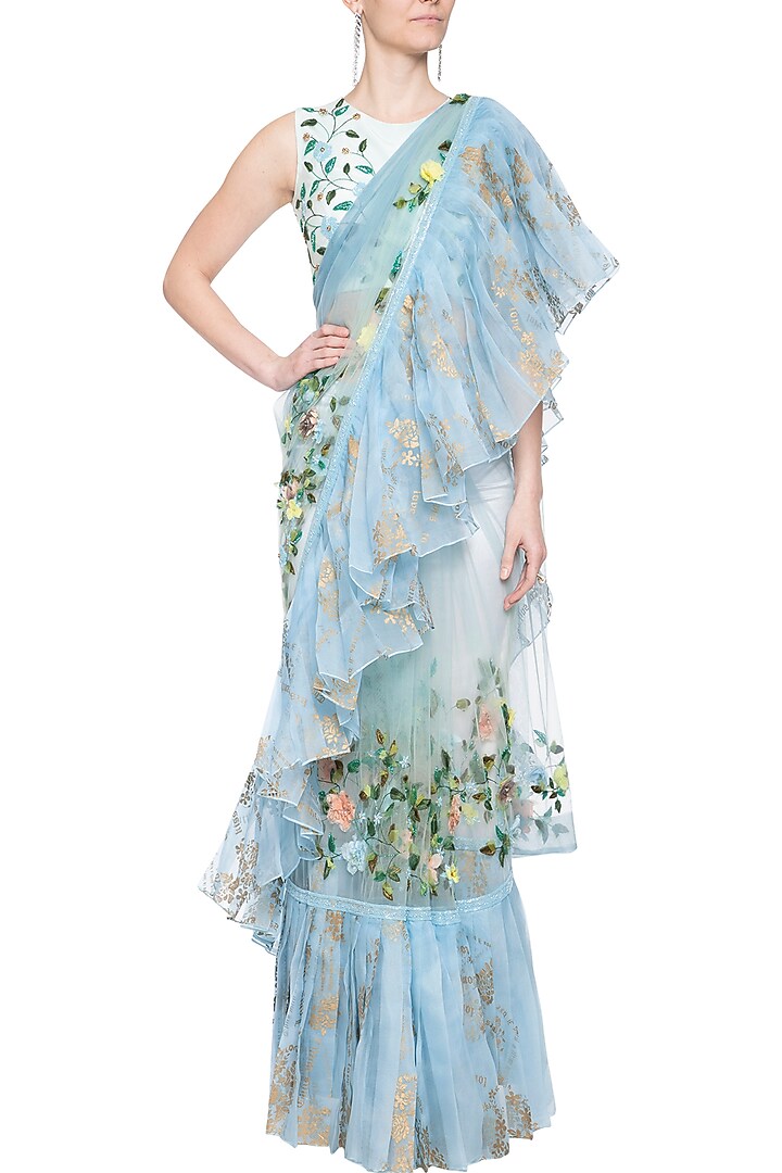 Powder blue embroidered frill Reception Saree set by Shilpi Gupta Surkhab at Pernia's Pop Up Shop