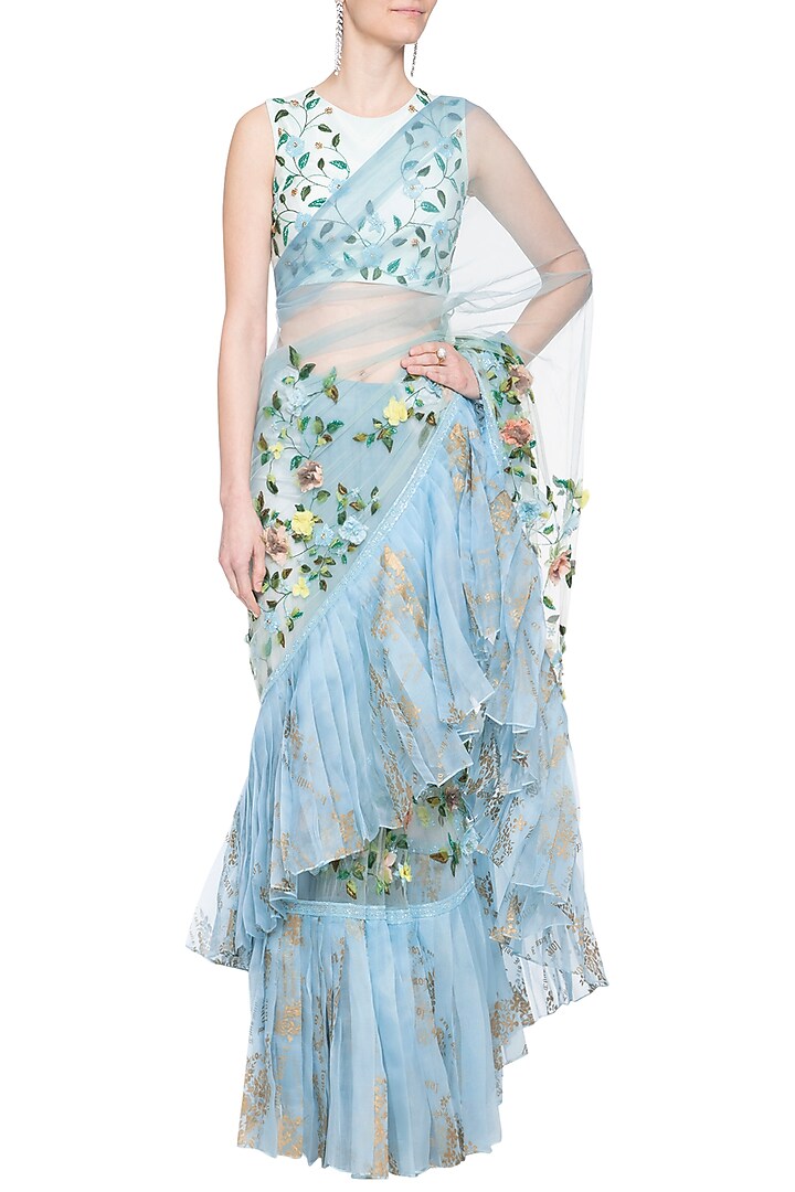Powder blue embroidered frill Reception Saree set by Shilpi Gupta Surkhab at Pernia's Pop Up Shop