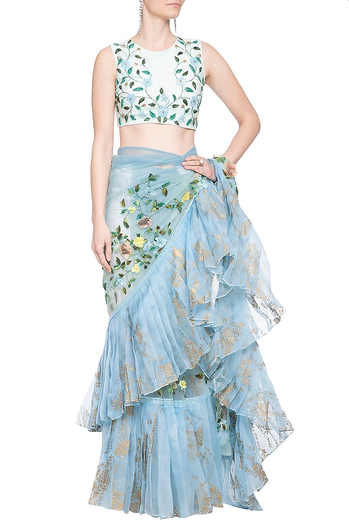 Powder blue embroidered frill Reception Saree set by Shilpi Gupta Surkhab at Pernia's Pop Up Shop