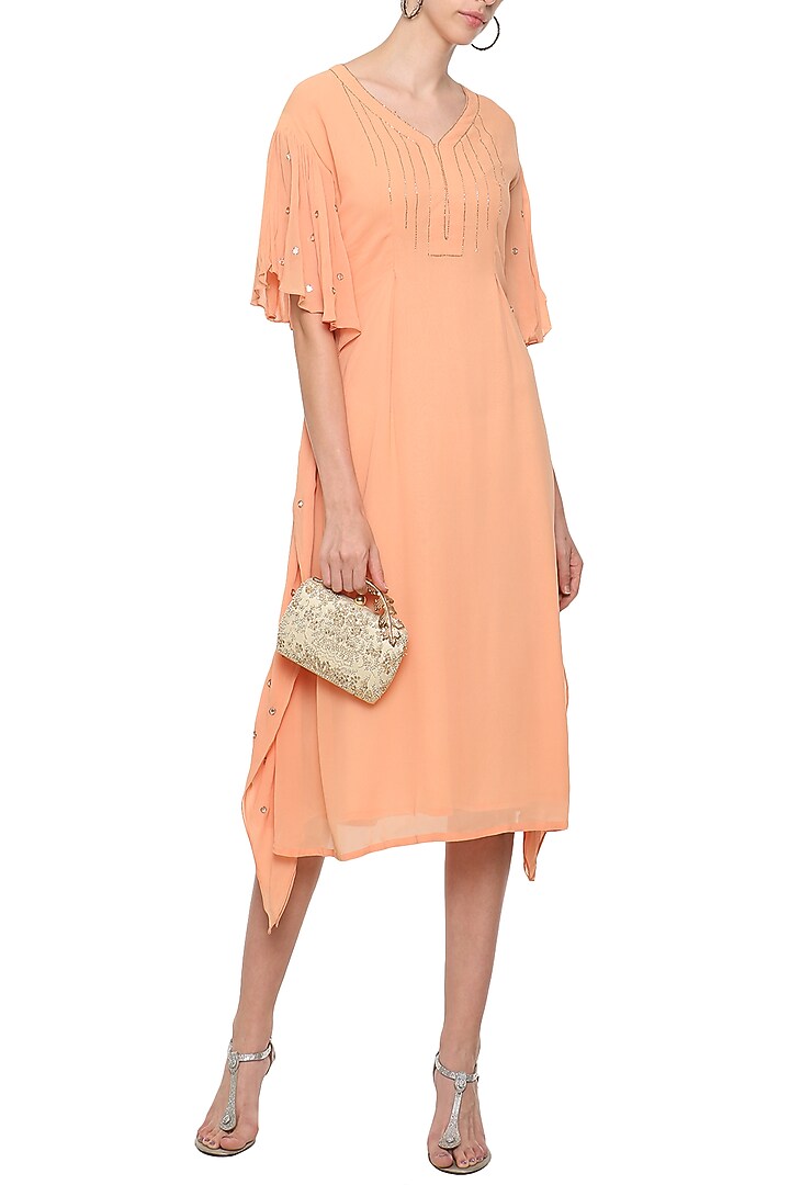 Orange ruffles embroidered midi dress available only at Pernia's Pop Up Shop.