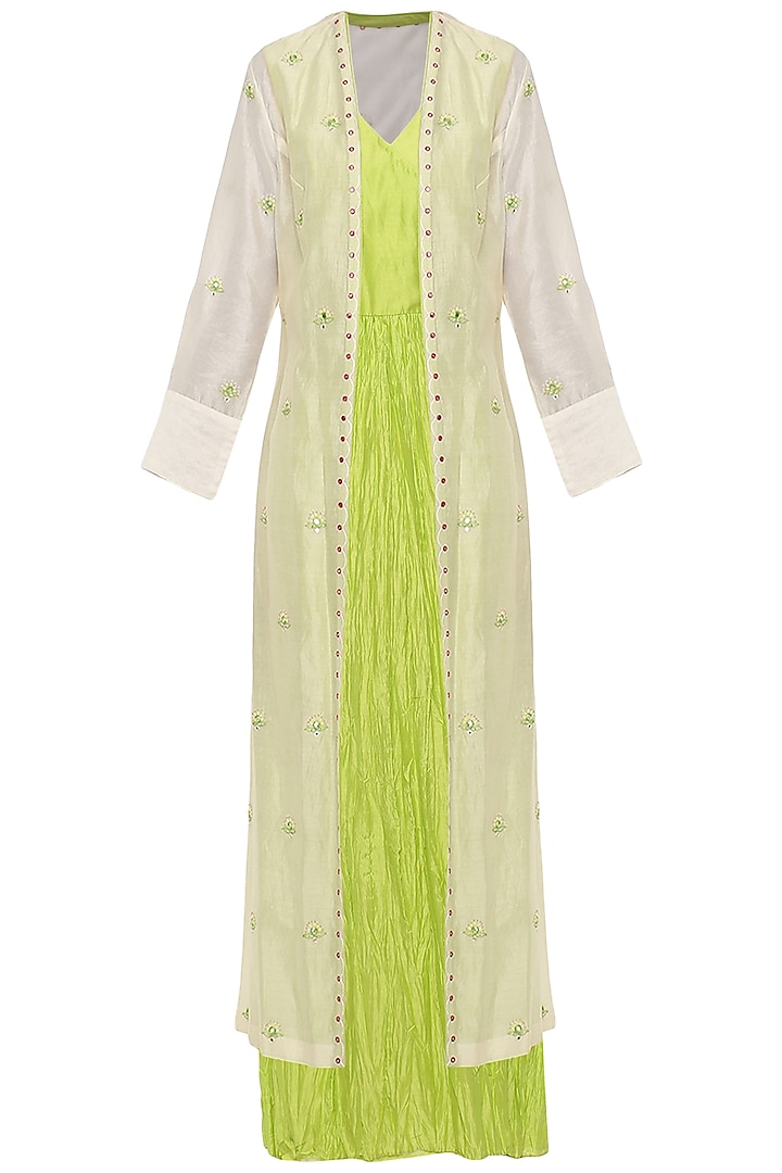 Neon Green Crushed Maxi Dress with Ivory Embroidered Jacket by Shilpi Gupta Surkhab
