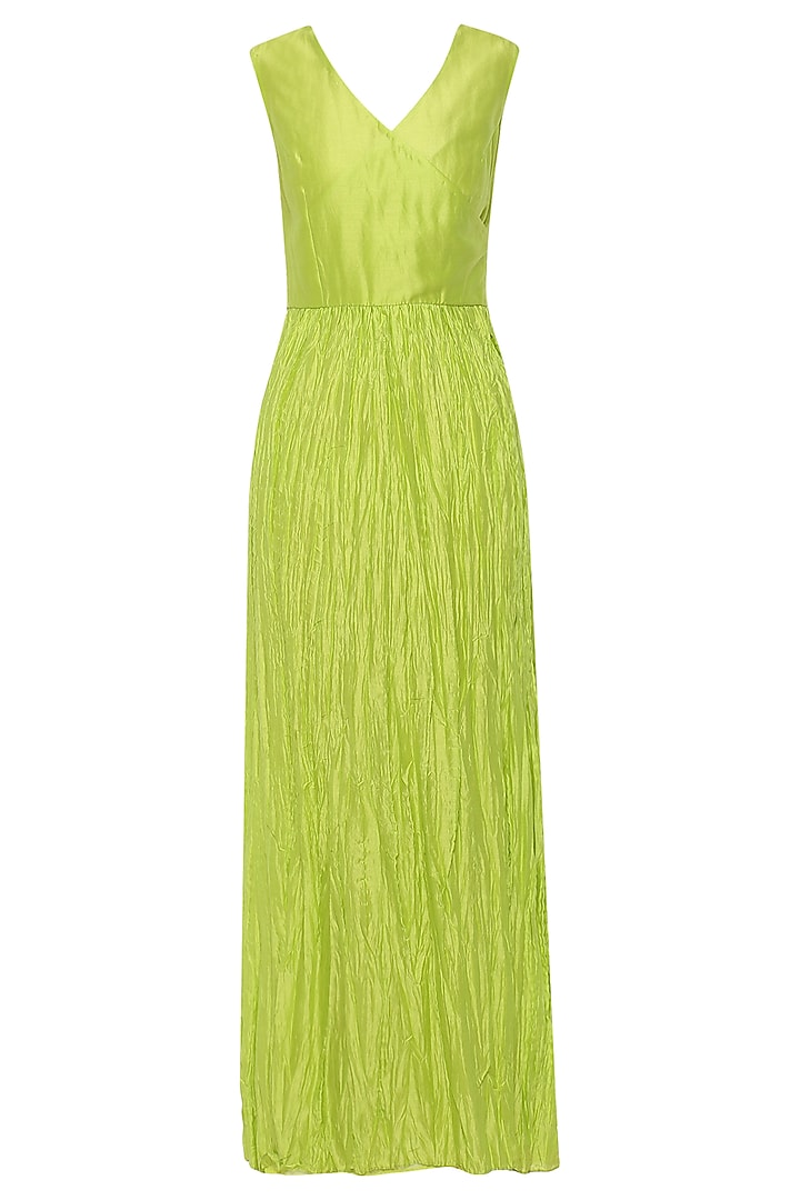 Neon green crushed maxi dress with ivory embroidered jacket available only at Pernia's Pop Up Shop.