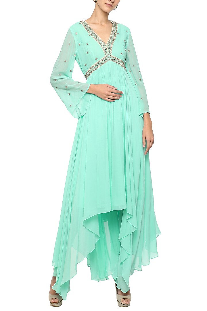 Aqua blue embroidered anarkali with churidar pants available only at Pernia's Pop Up Shop.