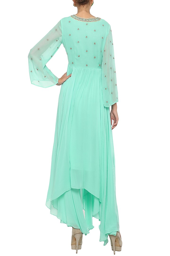 Aqua blue embroidered anarkali with churidar pants available only at Pernia's Pop Up Shop.
