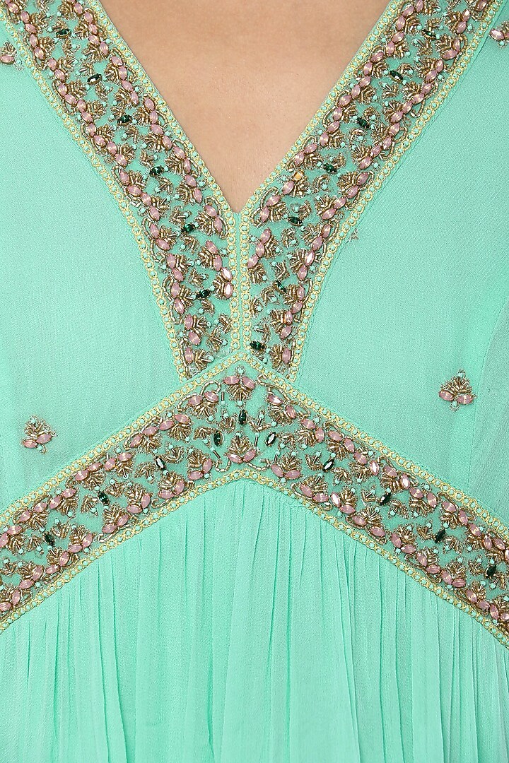 Aqua blue embroidered anarkali with churidar pants available only at Pernia's Pop Up Shop.