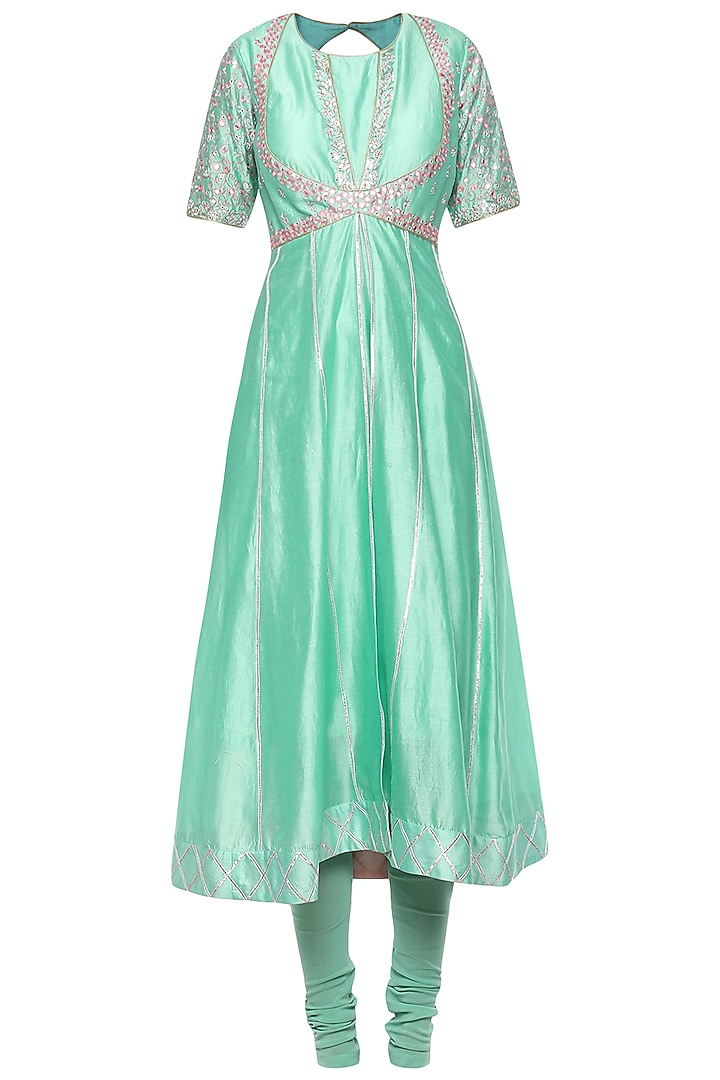 Aqua blue embroidered anarkali set available only at Pernia's Pop Up Shop.