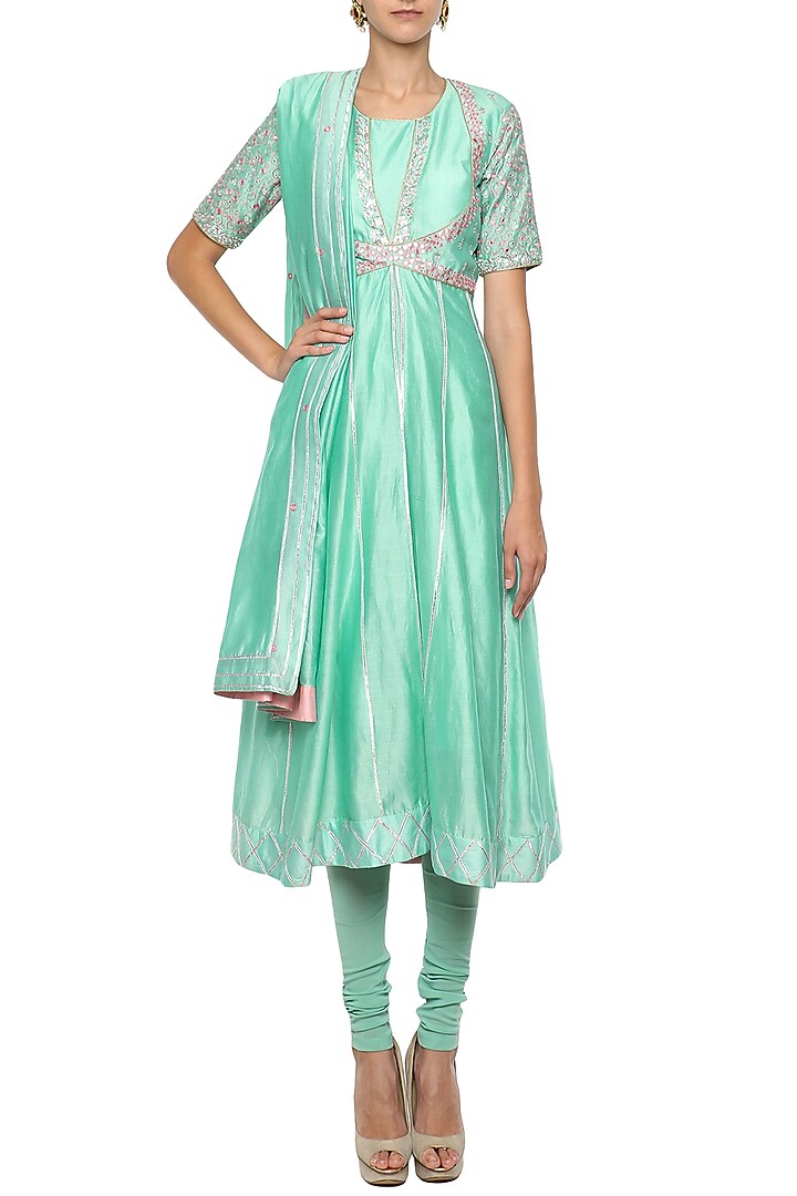 Aqua blue embroidered anarkali set available only at Pernia's Pop Up Shop.