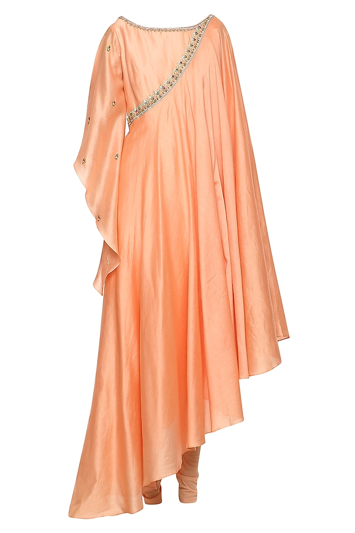 Orange asymmetrical embroidered drape kurta with churidar pants available only at Pernia's Pop Up Shop.