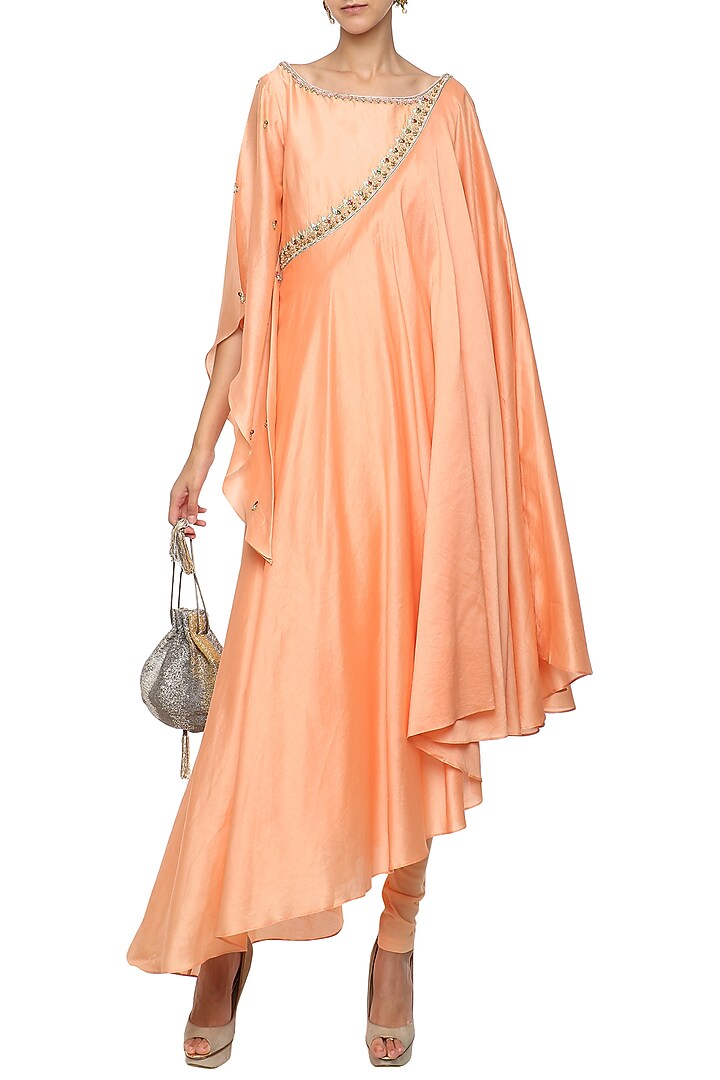Orange asymmetrical embroidered drape kurta with churidar pants available only at Pernia's Pop Up Shop.