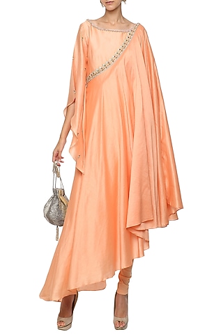Orange Asymmetrical Embroidered Drape Kurta with Churidar Pants by Shilpi Gupta Surkhab