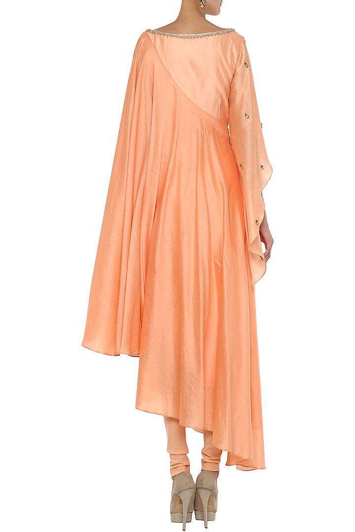 Orange asymmetrical embroidered drape kurta with churidar pants available only at Pernia's Pop Up Shop.