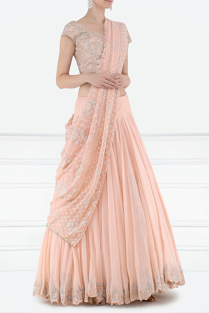 Peach lehenga saree with embroidered blouse available only at Pernia's Pop Up Shop.