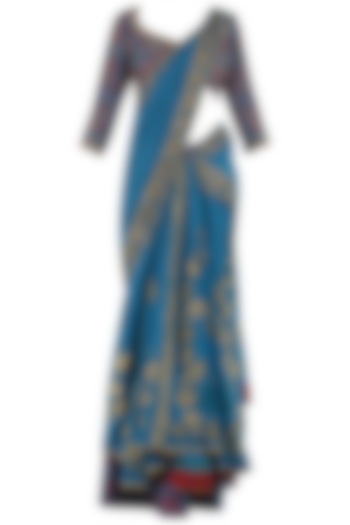 Teal Foil Printed Pre-Stitched Saree with Blouse by Shilpi Gupta Surkhab