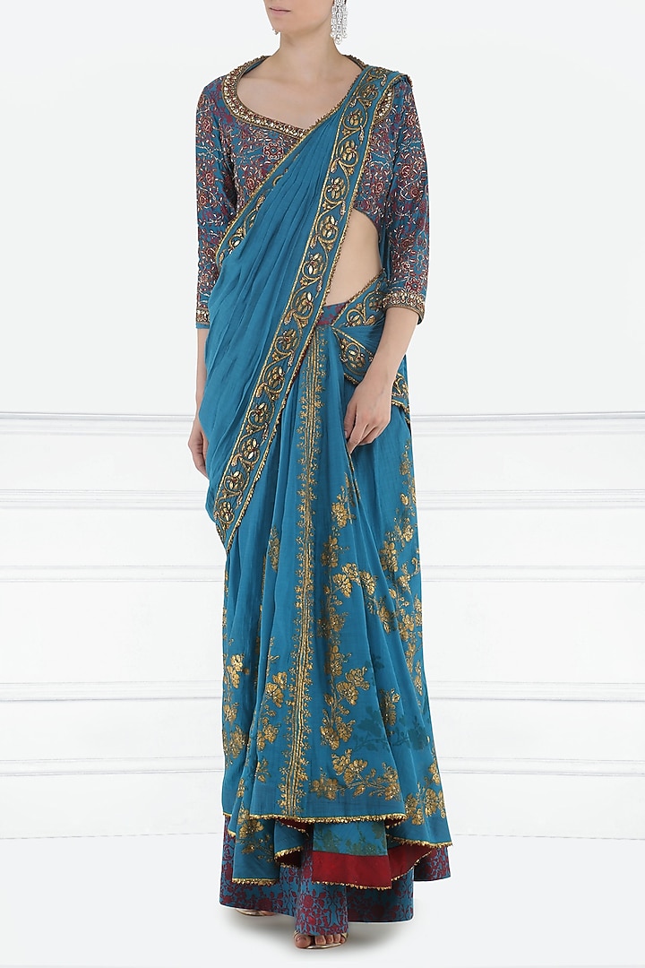Teal foil printed pre-stitched saree with blouse available only at Pernia's Pop Up Shop.