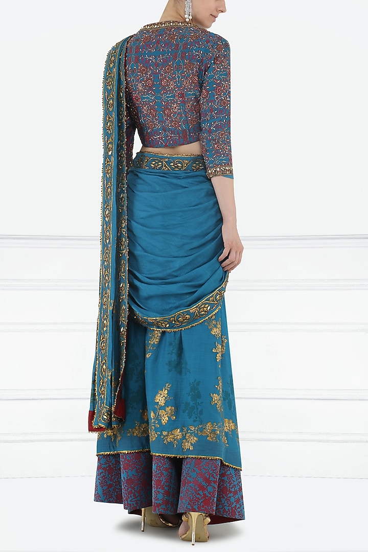 Teal foil printed pre-stitched saree with blouse available only at Pernia's Pop Up Shop.
