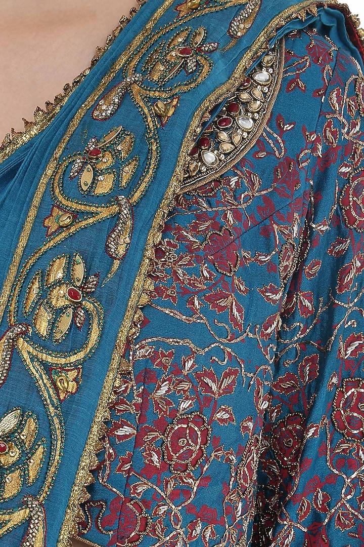 Teal foil printed pre-stitched saree with blouse available only at Pernia's Pop Up Shop.