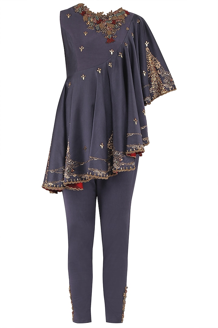 Midnight Blue Printed Flared Top with Pants by Shilpi Gupta Surkhab