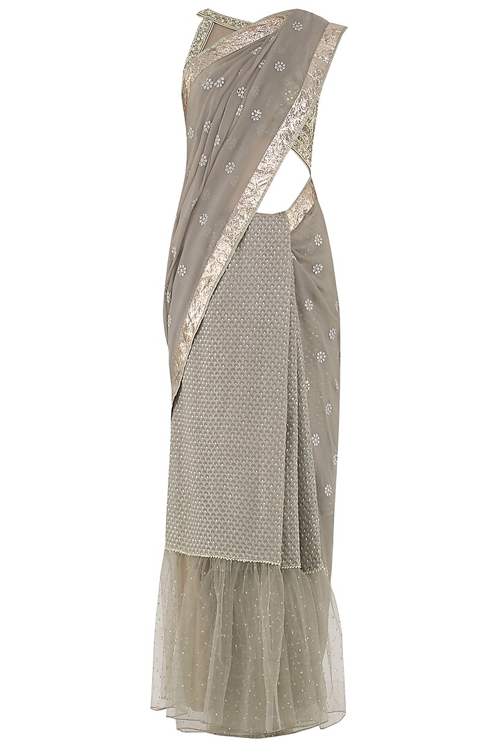 Pewter Embroidered Saree with Blouse by Shilpi Gupta Surkhab