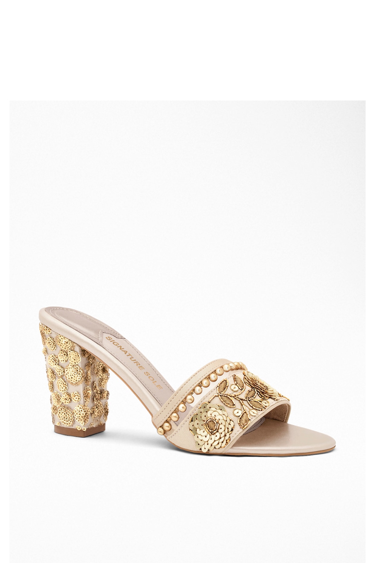 Gold Gota Patti Embroidered Block Heels by Signature Sole at Gold Gota Patti Embroidered Block Heels by Signature Sole at