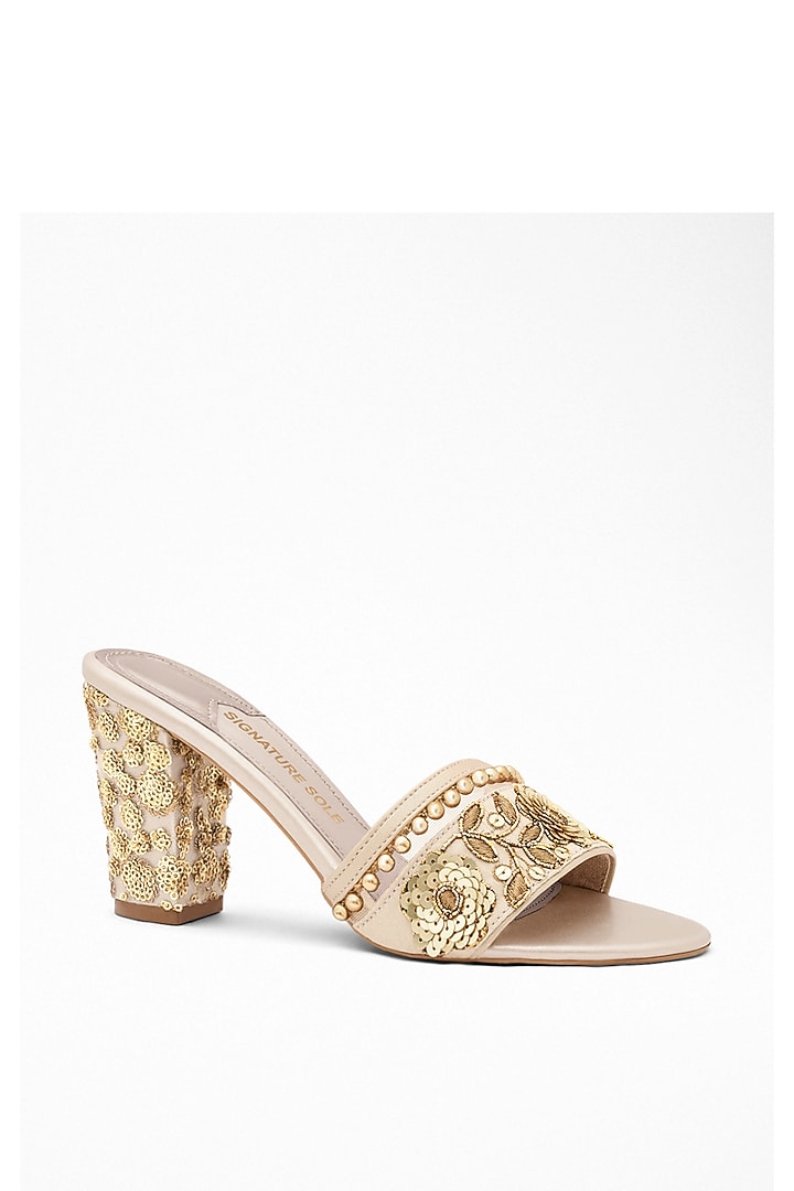 Gold Gota Patti Embroidered Block Heels by Signature Sole at Pernia's Pop Up Shop