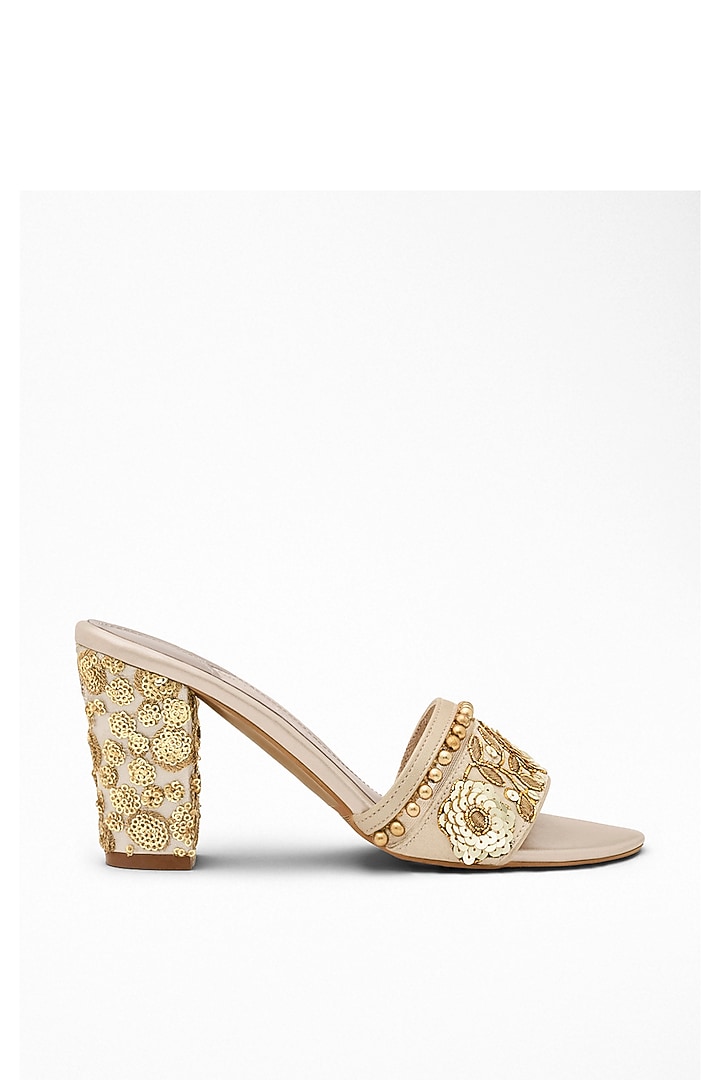 Gold Gota Patti Embroidered Block Heels by Signature Sole at Pernia's Pop Up Shop