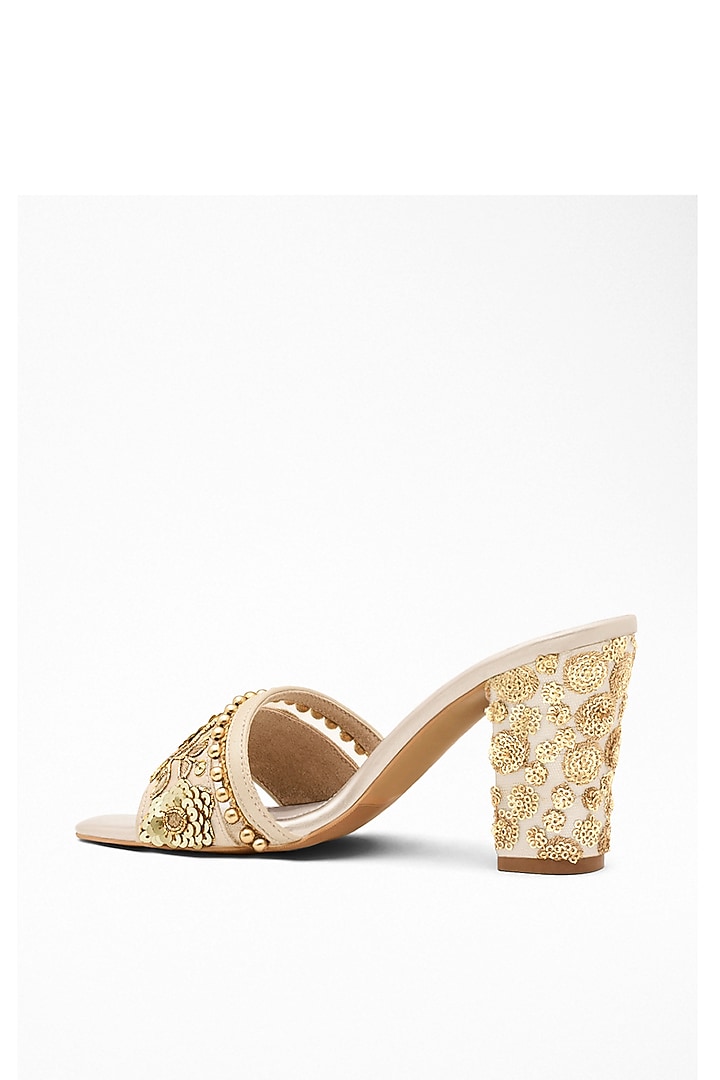 Gold Gota Patti Embroidered Block Heels by Signature Sole at Pernia's Pop Up Shop