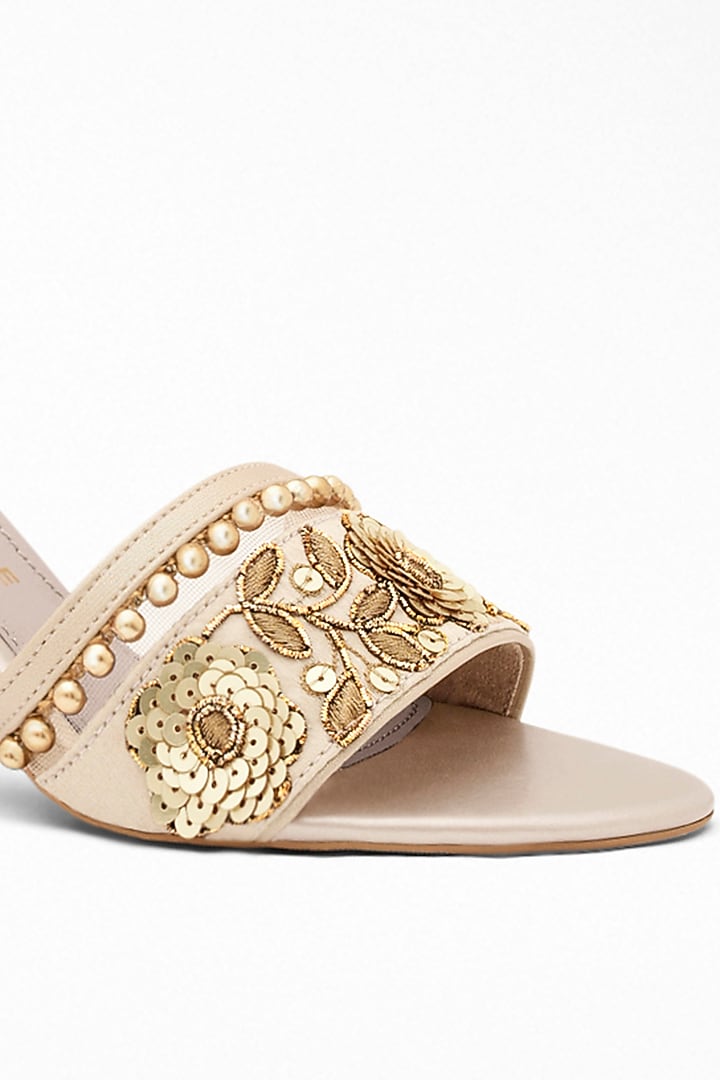 Gold Gota Patti Embroidered Block Heels by Signature Sole at Pernia's Pop Up Shop