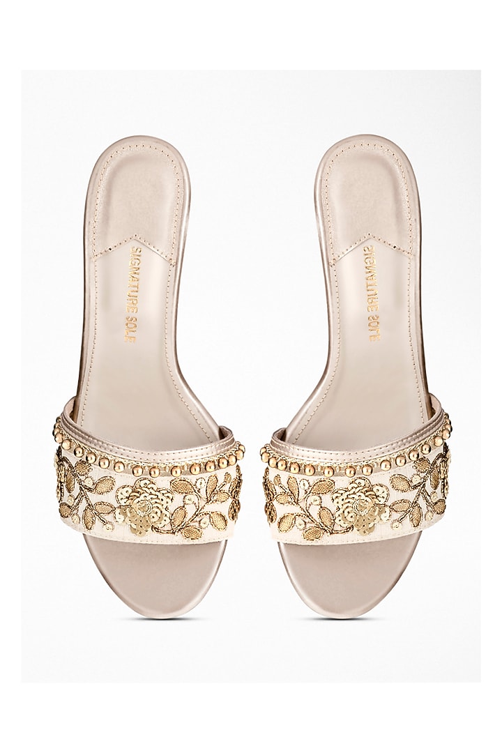 Gold Gota Patti Embroidered Block Heels by Signature Sole at Pernia's Pop Up Shop