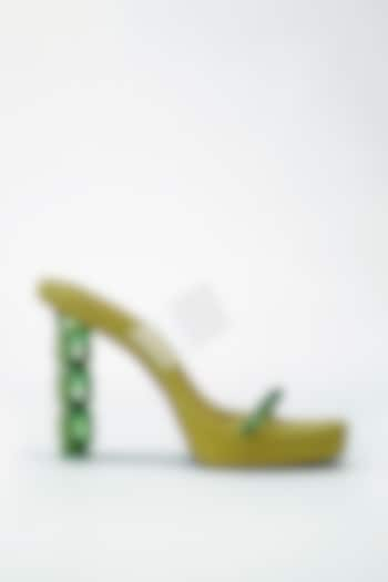 Green Vegan Leather Emerald Embellished Transparent Heels by Signature Sole at Pernia's Pop Up Shop