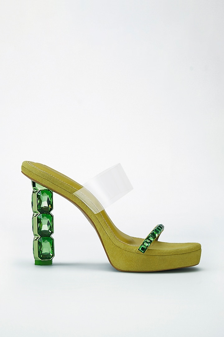 Green Vegan Leather Emerald Embellished Transparent Heels by Signature Sole at Pernia's Pop Up Shop