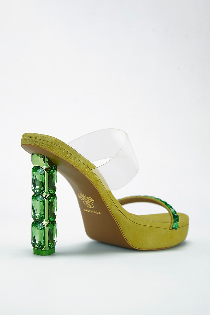 Green Vegan Leather Emerald Embellished Transparent Heels by Signature Sole at Pernia's Pop Up Shop