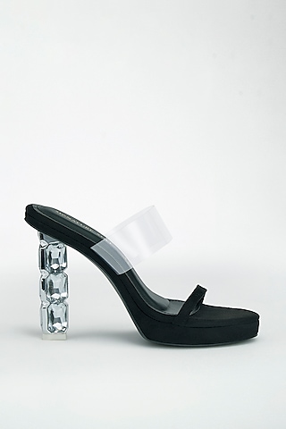 Black Vegan Leather Diamond Embellished Transparent Heels by Signature Sole