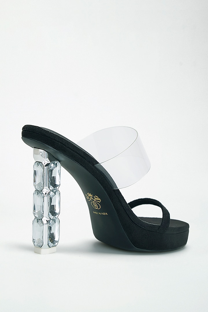 Black Vegan Leather Diamond Embellished Transparent Heels by Signature Sole at Pernia's Pop Up Shop