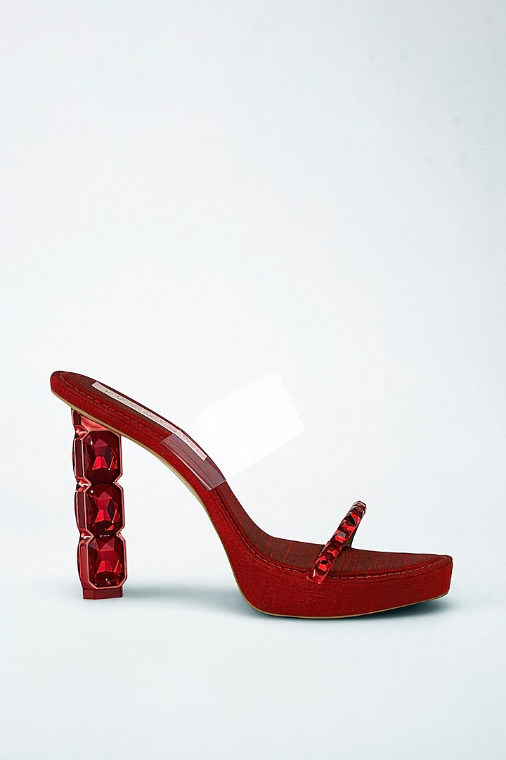 Red Vegan Leather Diamond Embellished Transparent Heels by Signature Sole at Pernia's Pop Up Shop