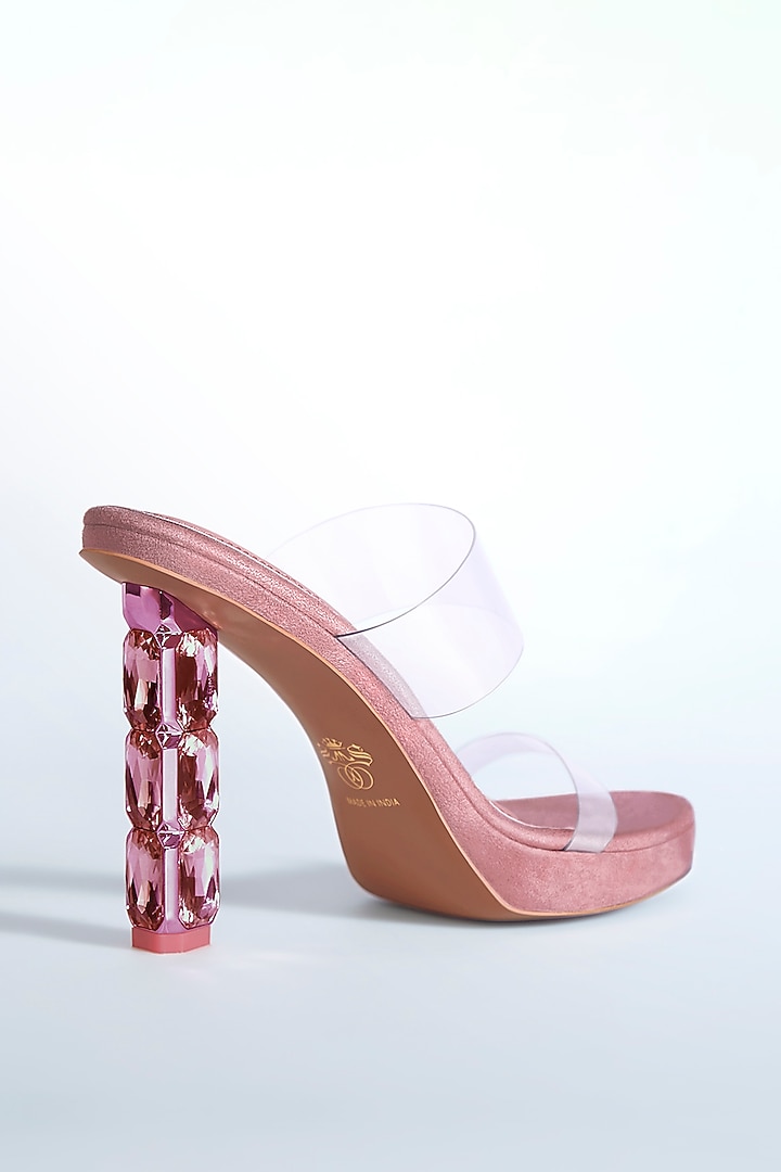 Pink Vegan Leather Diamond Embellished Transparent Heels by Signature Sole at Pernia's Pop Up Shop