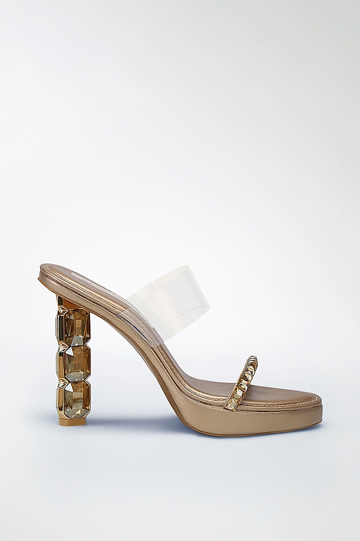 Gold Vegan Leather Diamond Embellished Transparent Heels by Signature Sole at Pernia's Pop Up Shop