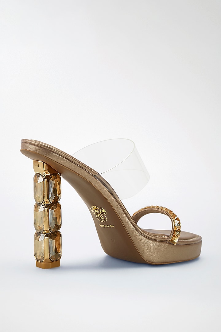 Gold Vegan Leather Diamond Embellished Transparent Heels by Signature Sole at Pernia's Pop Up Shop